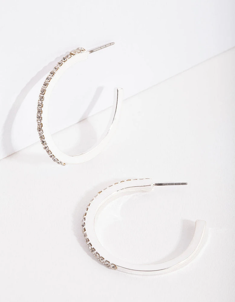 Silver Thin Diamante Hoop Earrings