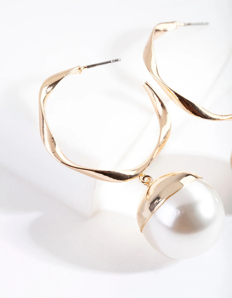 Gold Twisted Hoop Pearl Earring