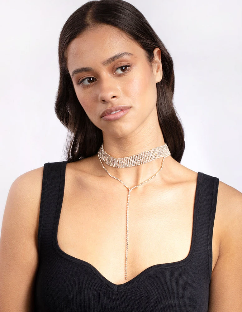 Gold Diamante Statement Y Neck Choker