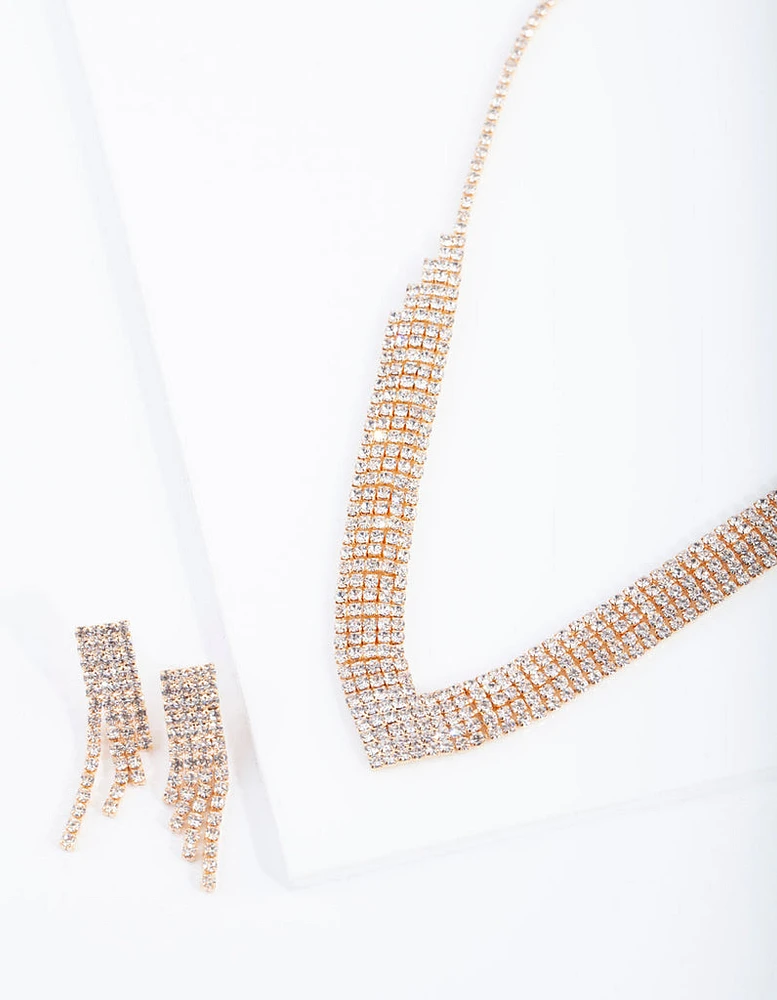 Gold Diamante Earrings Necklace Set