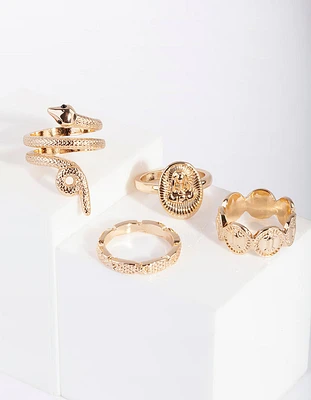 Gold Snake & Disc Ring 4-Pack