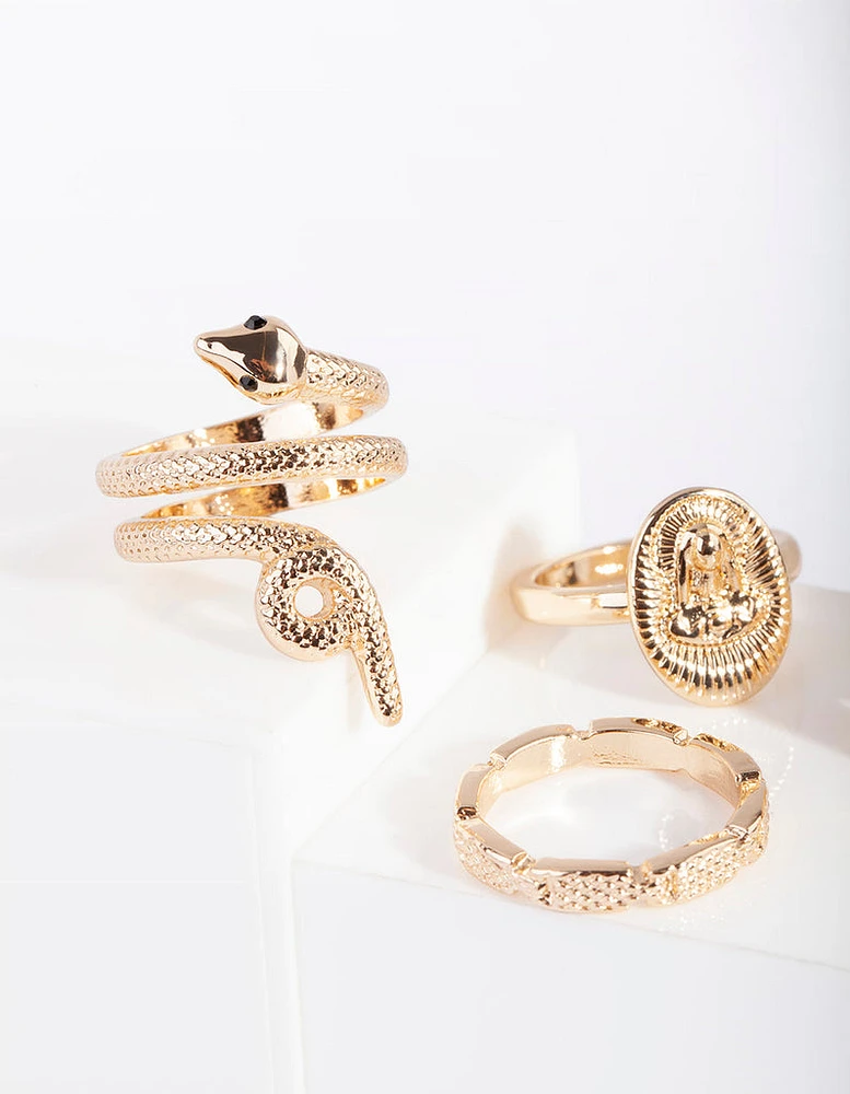 Gold Snake & Disc Ring 4-Pack