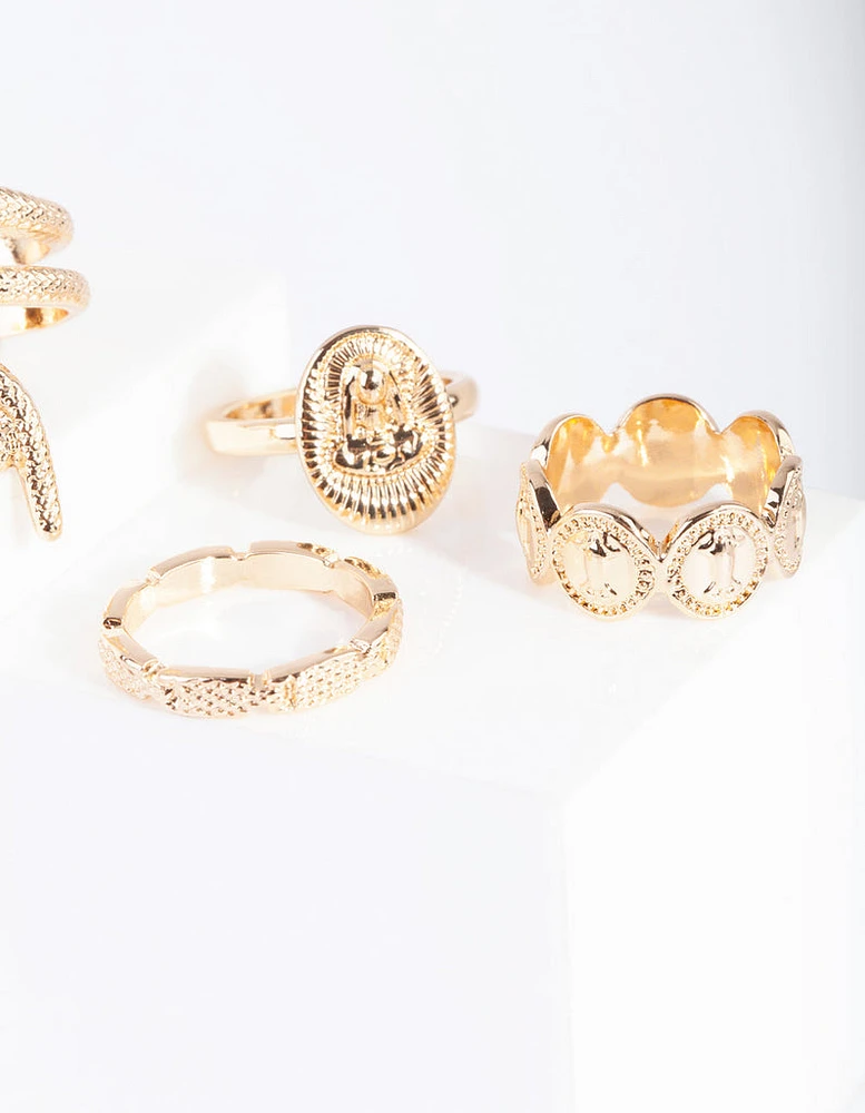 Gold Snake & Disc Ring 4-Pack