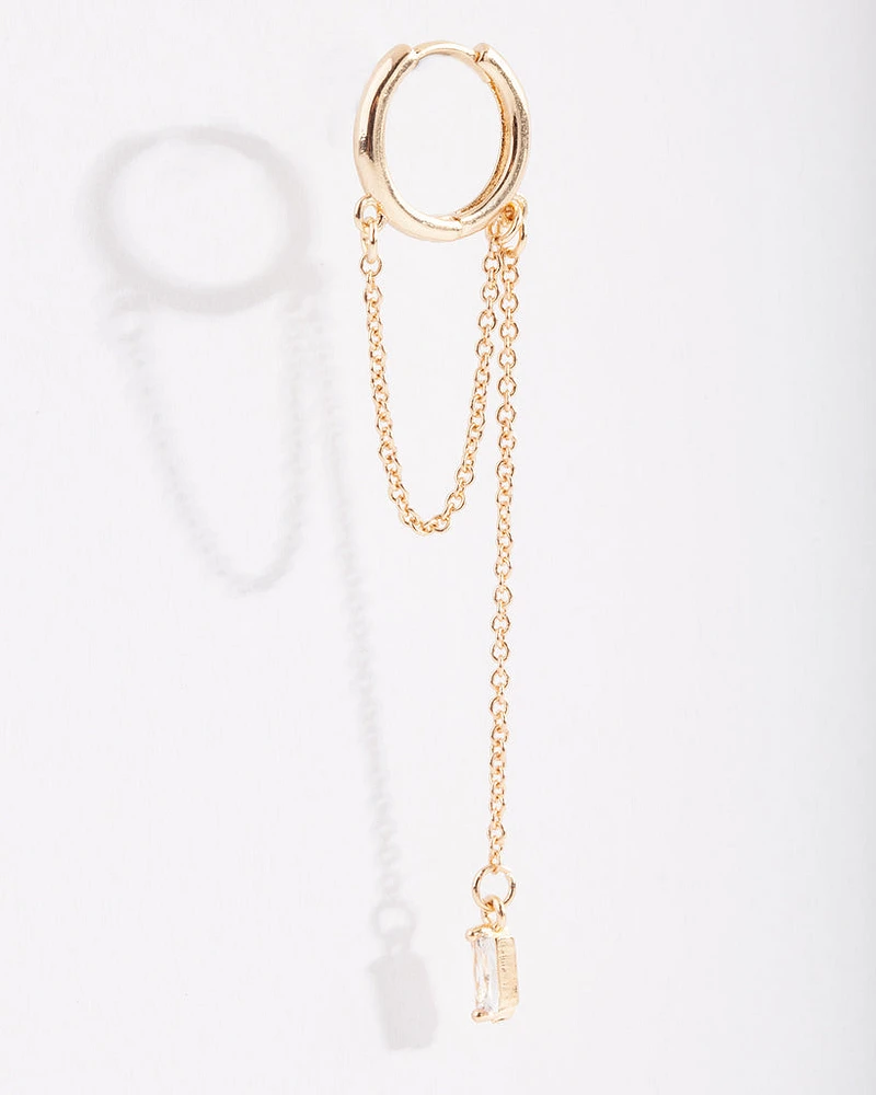 Gold Baguette Chain Drop Huggie Earrings