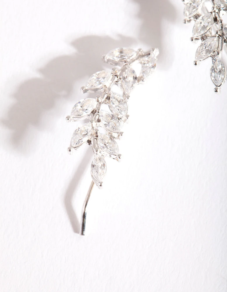 Silver Cubic Zirconia Elegant Leaf Drop Earrings