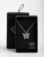 Silver Diamond Simulant Butterfly Necklace