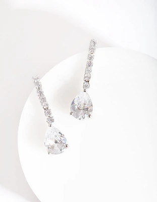 Rhodium Cubic Zirconia Pear Cupchain Drop Earrings