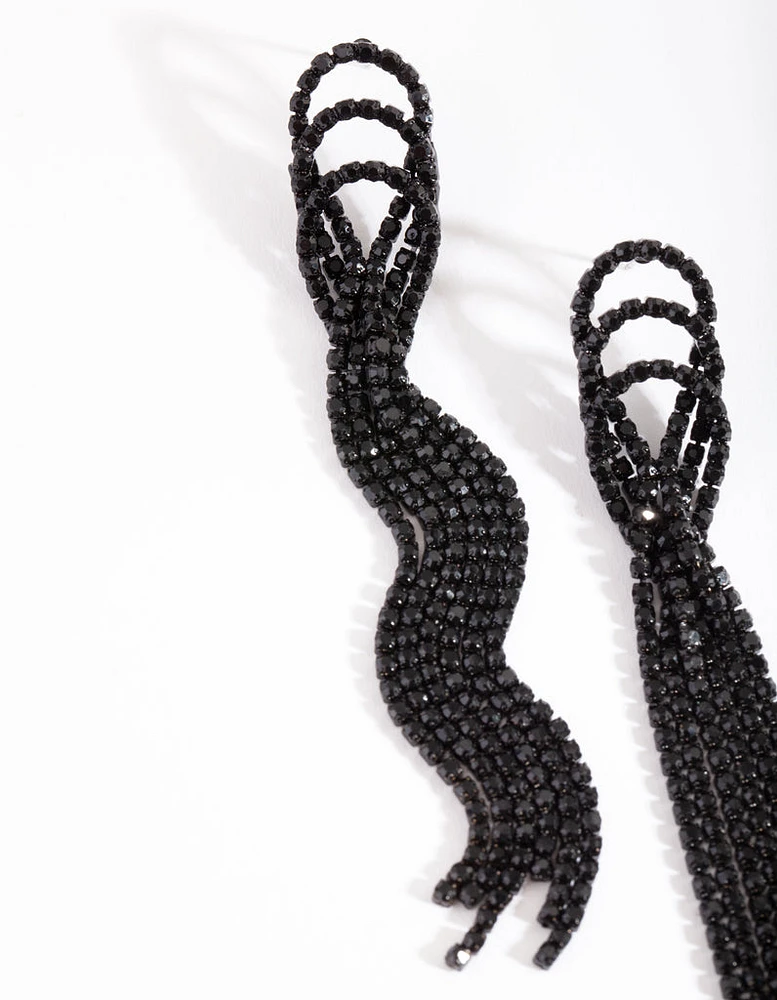 Black Triple Loop Diamante Tassel Earrings