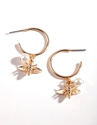 Gold Bee & Pearl Charm Hoop Earrings