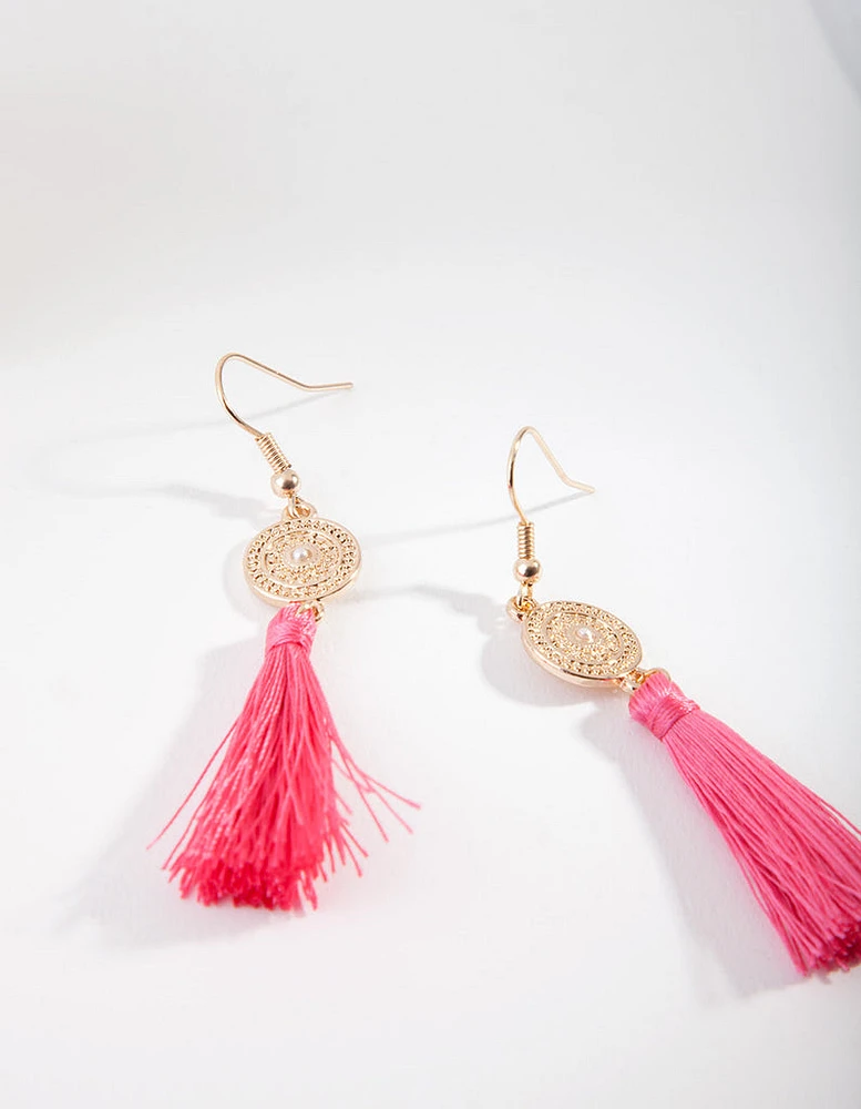 Gold Disc Pink Tassel Drop Earrings