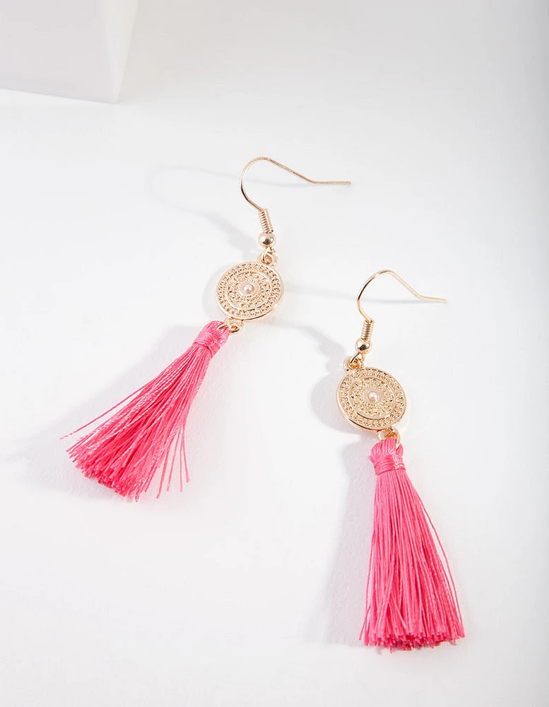 Gold Disc Pink Tassel Drop Earrings