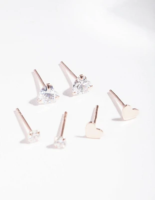 Rose Gold Plated Sterling Silver Cubic Zirconia Heart Stud Earring Pack