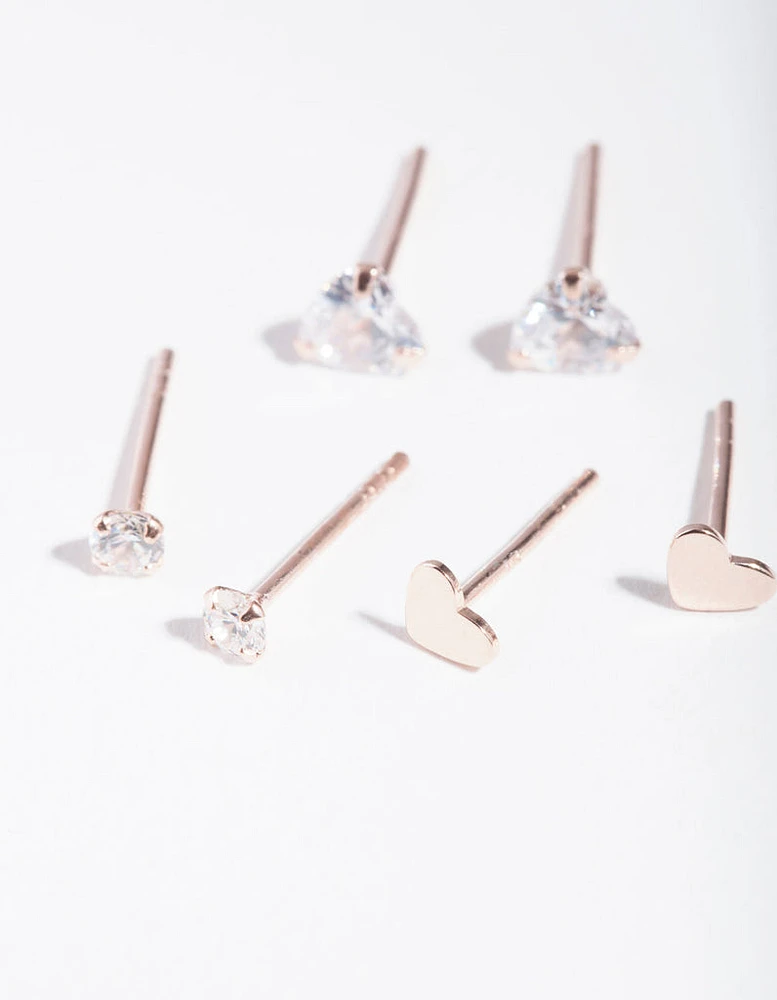 Rose Gold Plated Sterling Silver Cubic Zirconia Heart Stud Earring Pack