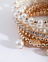 Gold Pearl & Diamante Stretch Bracelet 7-Pack