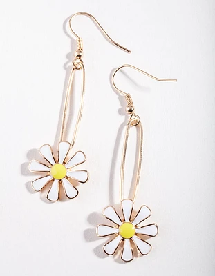 Gold Oval Daisy Drop Earrings