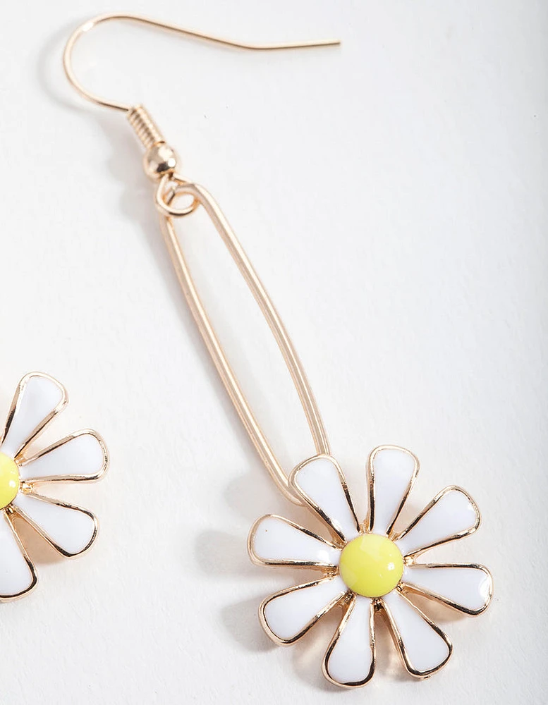 Gold Oval Daisy Drop Earrings