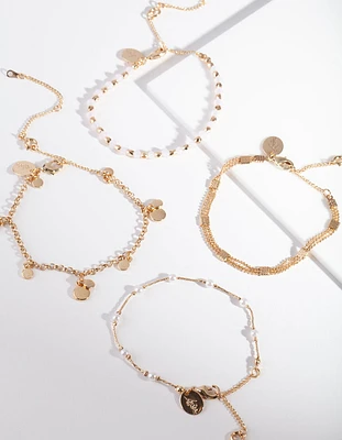 Gold Pearl Facet Bead Bracelet & Anklet 4-Pack Set
