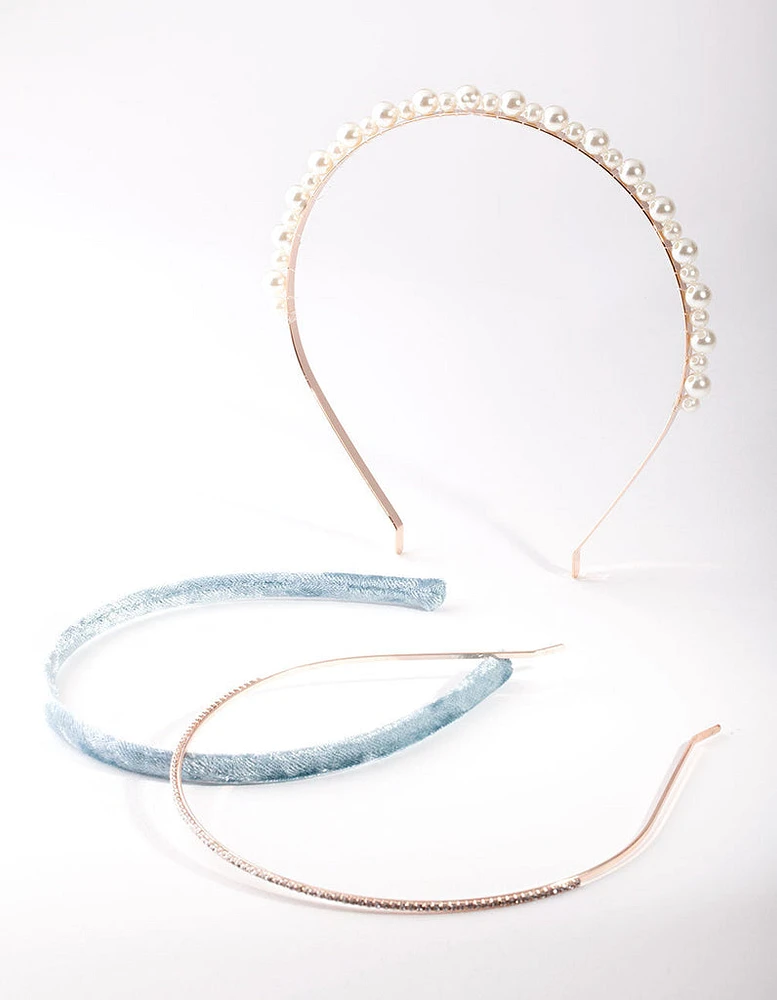 Rose Gold Pearl Blue Velvet Headband Pack