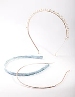 Rose Gold Pearl Blue Velvet Headband Pack