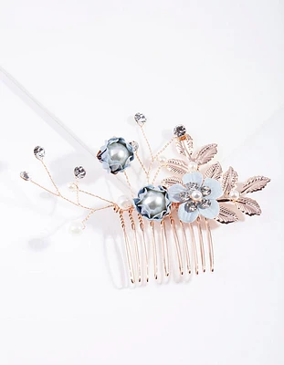 Blue Rose Gold Fabric Flower Comb