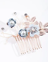 Blue Rose Gold Fabric Flower Comb