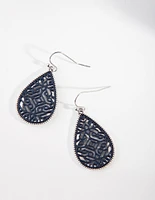 Gunmetal Blue Pattern Teardrop Earrings