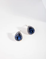 Gunmetal Blue Teardrop Halo Stud Earrings