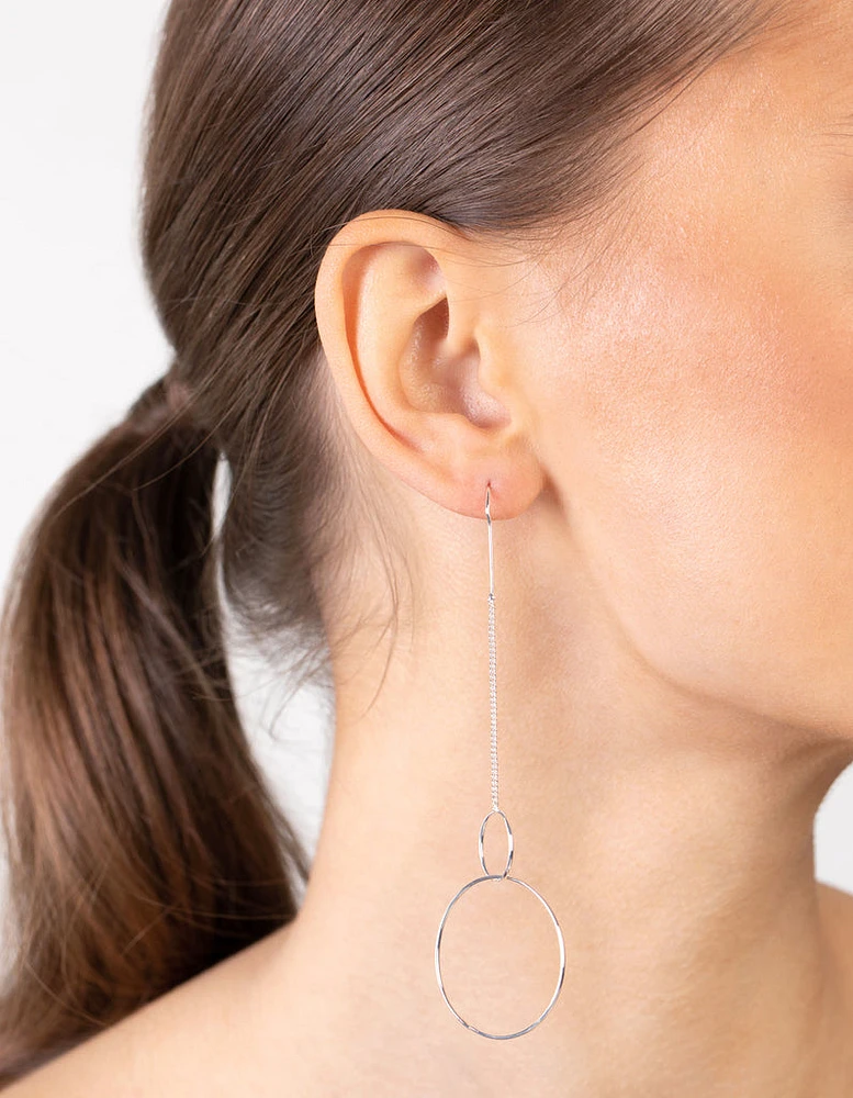 Silver Fine Double Circle Drop Earrings