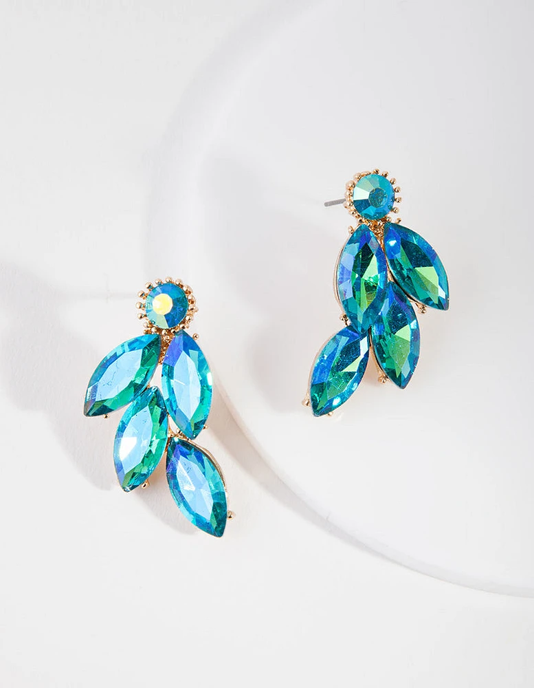 Gunmetal Blue Diamante Leaf Stud Earrings
