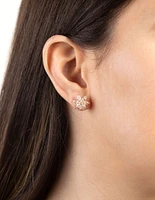 Gold Diamond Simulant Flower Stud Earrings