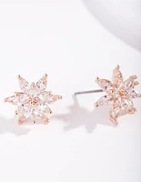 Gold Diamond Simulant Flower Stud Earrings
