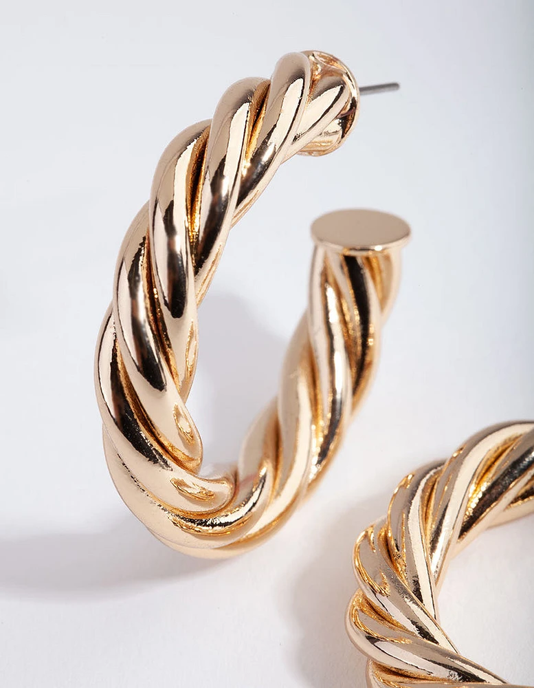 Gold Chubby Twist C Hoop Earrings