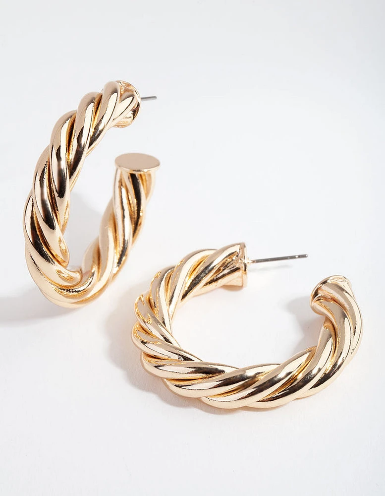 Gold Chubby Twist C Hoop Earrings