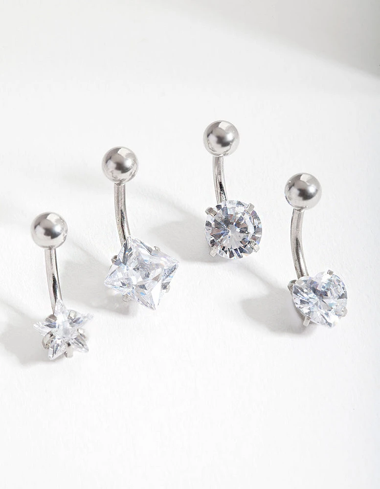 Rhodium Cubic Zirconia Belly Bar 4-Pack