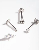 Rhodium Surgical Steel Triple Cluster Flat Back Earring Pack