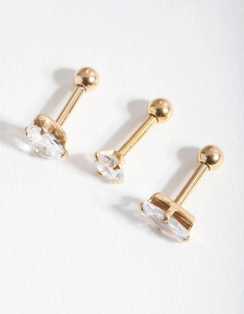 Gold Cubic Zirconia Multi-Cut Stone Barbell Earring Pack