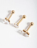 Gold Cubic Zirconia Multi-Cut Stone Barbell Earring Pack