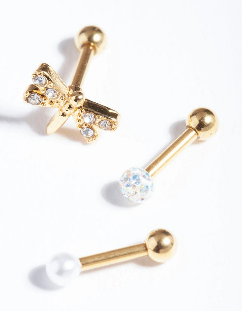 Gold Plated Surgical Steel Diamante Dragonfly Barbell Pack