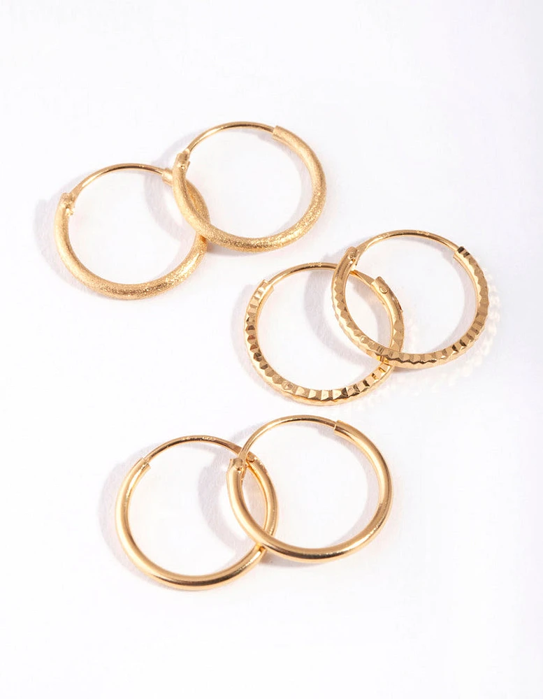 Gold Plated Sterling Silver Medium Textured Hoop Pack Earring