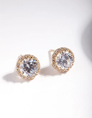 Gold Plated Sterling Silver 5mm Cubic Zirconia Halo Stud Earrings