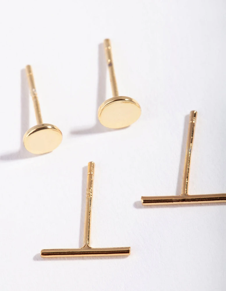 Gold Plated Sterling Silver Disc & Line Stud Earring Pack