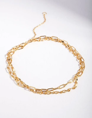 Gold Plated Sterling Silver Mixed Chain Double Row Bracelet