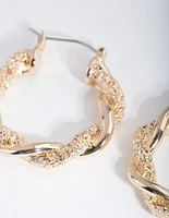 Gold Textured Twist Hoop Earrings