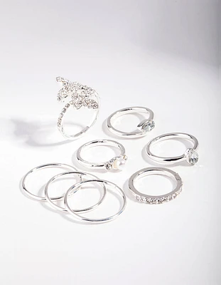 Silver Butterfly Diamante Ring Set