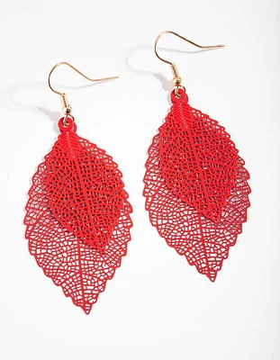Red Double Leaf Drop Earrings
