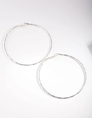 Silver Fine Textured Large Hoop Earrings