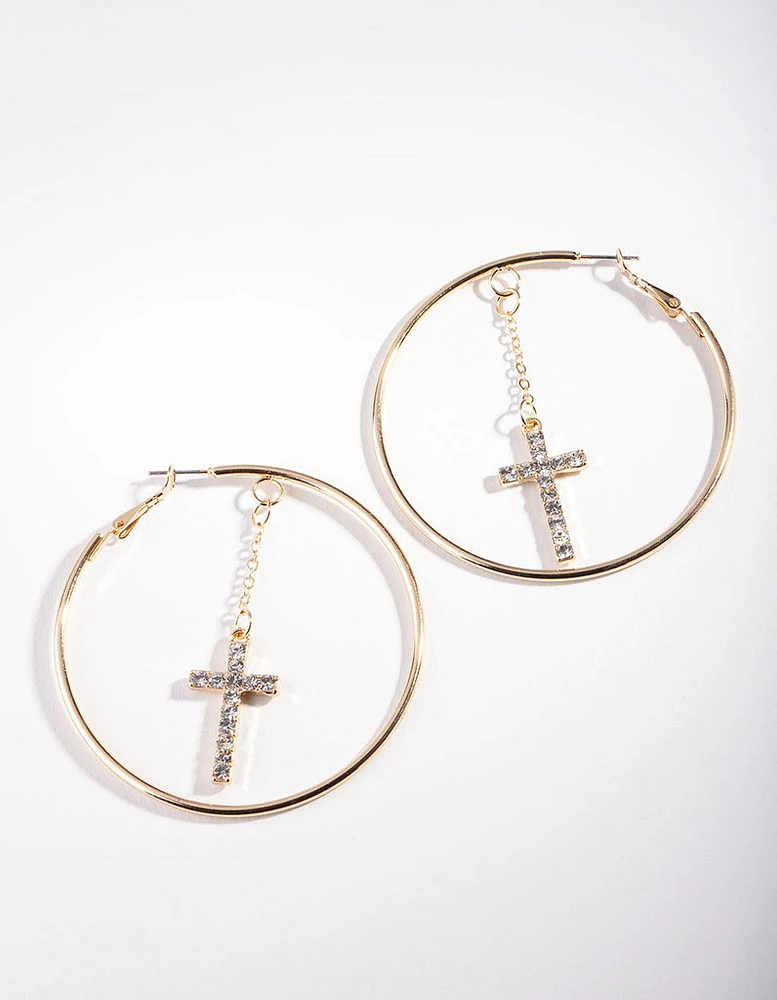 Gold Diamante Cross Drop Hoop Earrings