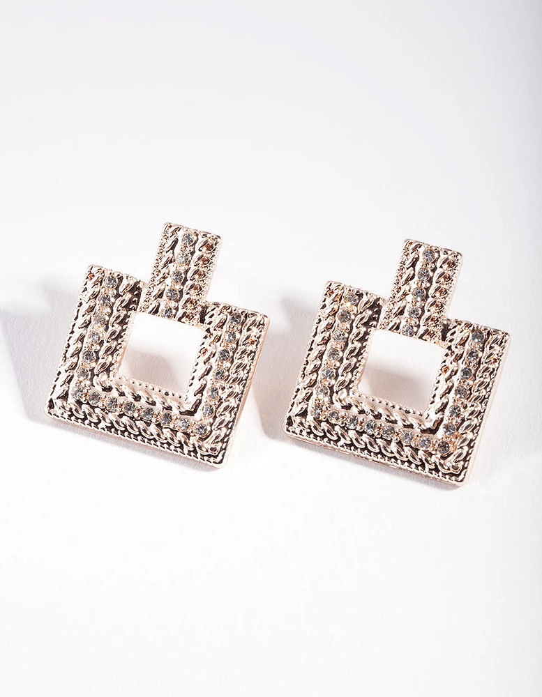 Rose Gold Mini Diamante Square Drop Earrings