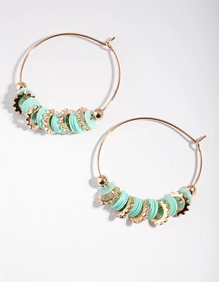 Gold Turquoise Half Flat Bead Hoop Earrings