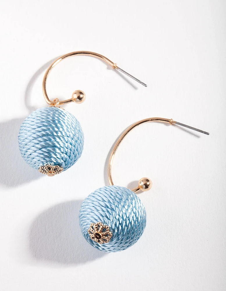 Gold Blue Thread Wrapped Hoop Earrings